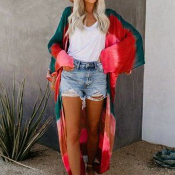 New Boho Tie Dye Beach Kimono Duster Swim Cover-Up - Picture 3 of 9